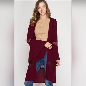 She+Sky Burgundy Crochet Long Cardigan S